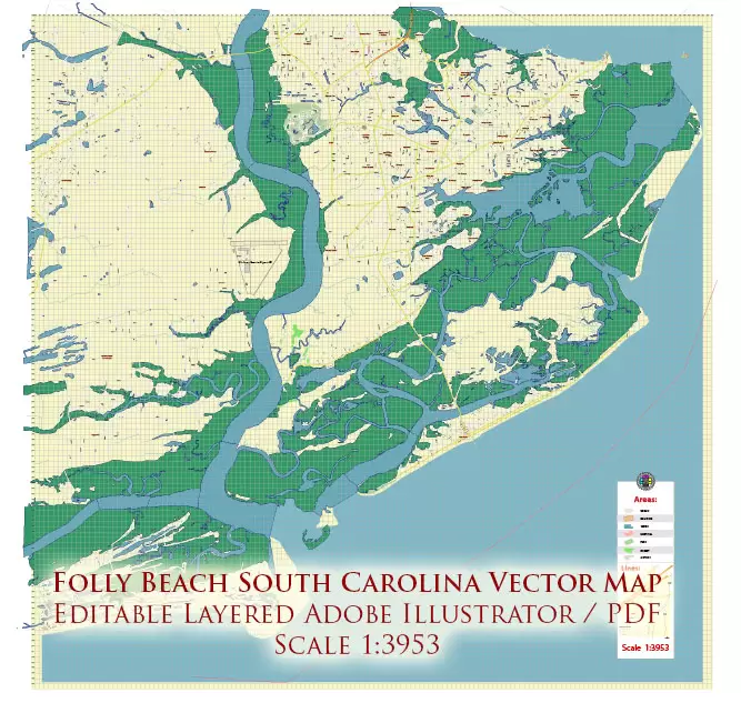 Folly Beach South Carolina US Map Vector Exact High Detailed City Plan editable Adobe Illustrator Street Map in layers