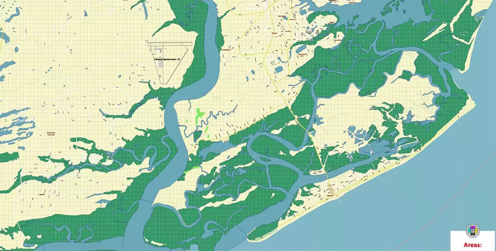 Folly Beach South Carolina US Map Vector Exact High Detailed City Plan editable Adobe Illustrator Street Map in layers