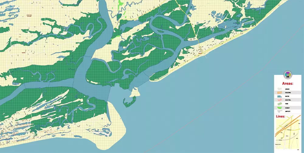 Folly Beach South Carolina US Map Vector Exact High Detailed City Plan editable Adobe Illustrator Street Map in layers