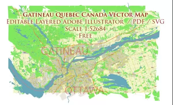 Gatineau Quebec Canada Vector Map Free Editable Layered Adobe Illustrator + PDF + SVG