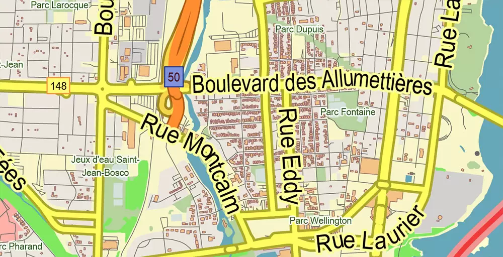 Gatineau Quebec Canada PDF Vector Map: City Plan Low Detailed (for small print size) Street Map editable Adobe PDF in layers