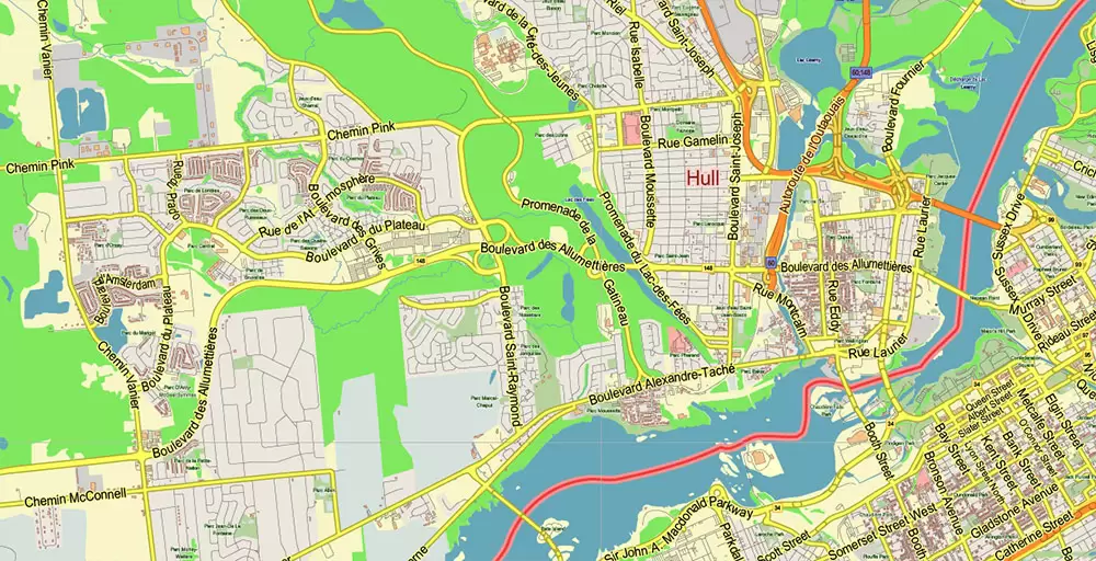Gatineau Quebec Canada PDF Vector Map: City Plan Low Detailed (for small print size) Street Map editable Adobe PDF in layers