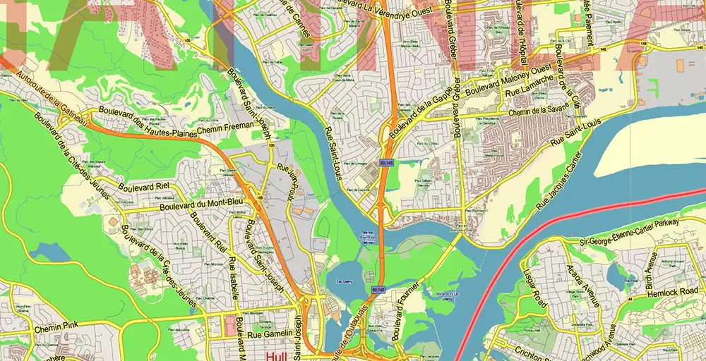 Gatineau Quebec Canada PDF Vector Map: City Plan Low Detailed (for small print size) Street Map editable Adobe PDF in layers