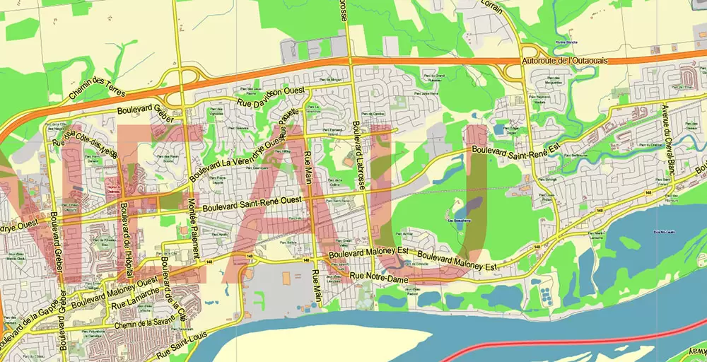 Gatineau Quebec Canada PDF Vector Map: City Plan Low Detailed (for small print size) Street Map editable Adobe PDF in layers