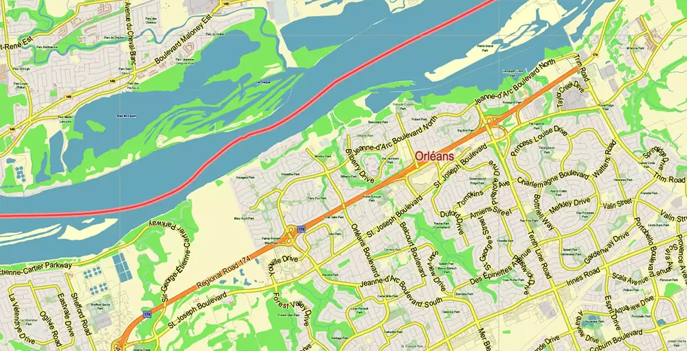 Gatineau Quebec Canada PDF Vector Map: City Plan Low Detailed (for small print size) Street Map editable Adobe PDF in layers