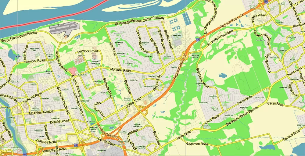 Gatineau Quebec Canada PDF Vector Map: City Plan Low Detailed (for small print size) Street Map editable Adobe PDF in layers