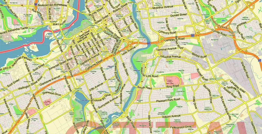 Gatineau Quebec Canada PDF Vector Map: City Plan Low Detailed (for small print size) Street Map editable Adobe PDF in layers