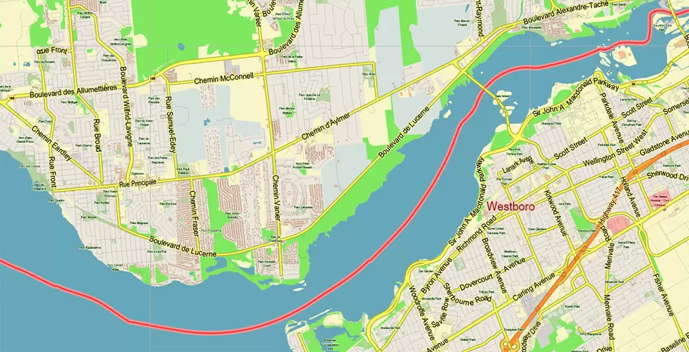 Gatineau Quebec Canada PDF Vector Map: City Plan Low Detailed (for small print size) Street Map editable Adobe PDF in layers