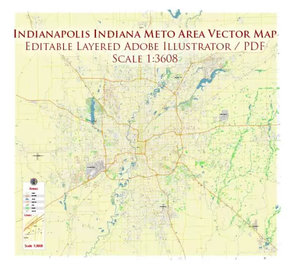 Indianapolis Indiana US Map Vector Exact High Detailed City Plan editable Adobe Illustrator Street Map in layers