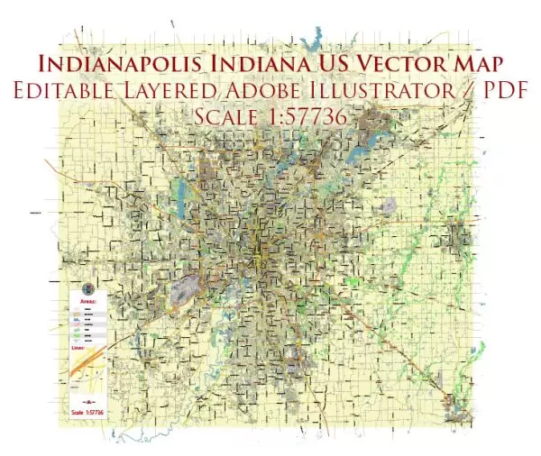 Indianapolis Indiana US Map Vector City Plan Low Detailed (for small print size) Street Map editable Adobe Illustrator in layers