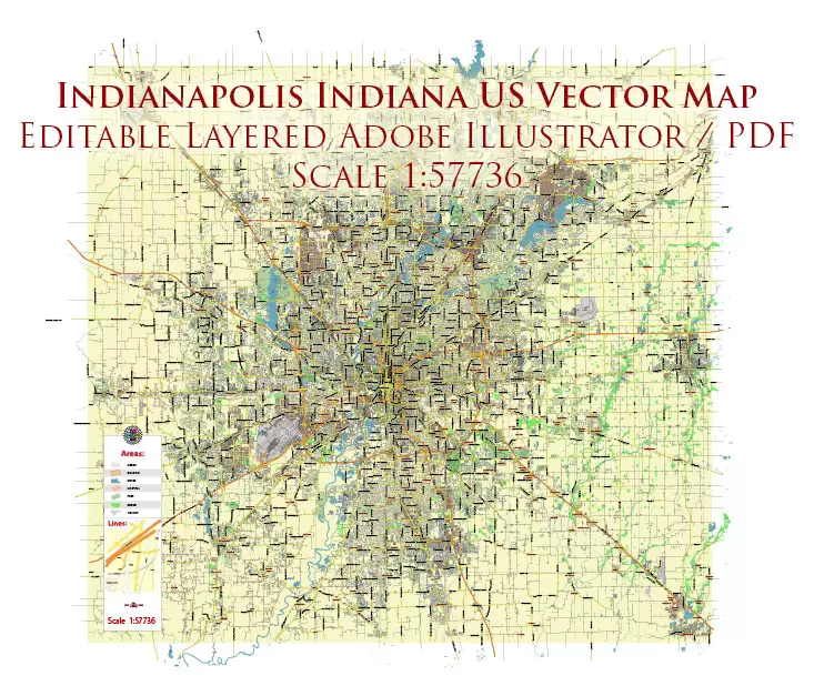 Indianapolis Indiana US PDF Vector Map City Plan Low Detailed (for small print size) Street Map editable Adobe PDF in layers