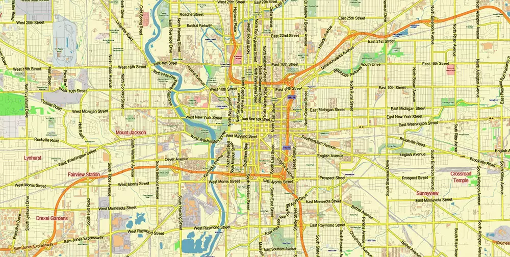 Indianapolis Indiana US PDF Vector Map City Plan Low Detailed (for small print size) Street Map editable Adobe PDF in layers