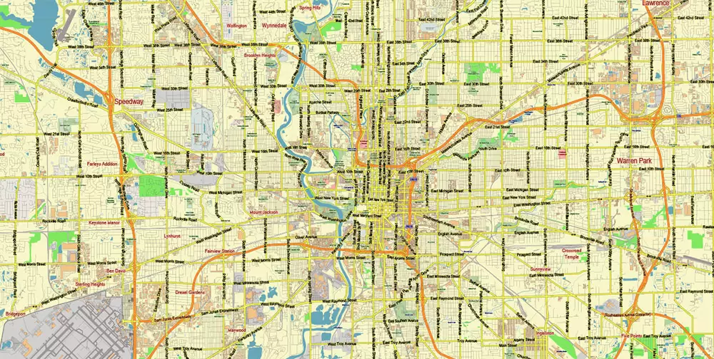 Indianapolis Indiana US PDF Vector Map City Plan Low Detailed (for small print size) Street Map editable Adobe PDF in layers