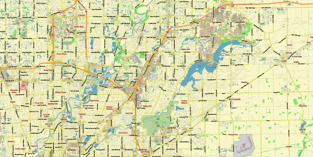 Indianapolis Indiana US PDF Vector Map City Plan Low Detailed (for small print size) Street Map editable Adobe PDF in layers