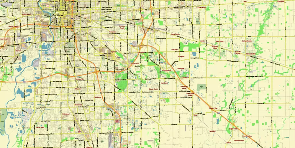 Indianapolis Indiana US PDF Vector Map City Plan Low Detailed (for small print size) Street Map editable Adobe PDF in layers