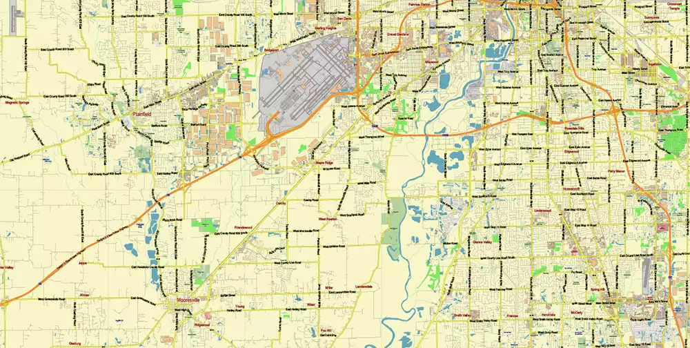 Indianapolis Indiana US PDF Vector Map City Plan Low Detailed (for small print size) Street Map editable Adobe PDF in layers