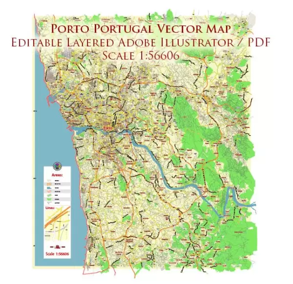 Porto Portugal Map Vector City Plan Low Detailed (for small print size) Street Map editable Adobe Illustrator in layers