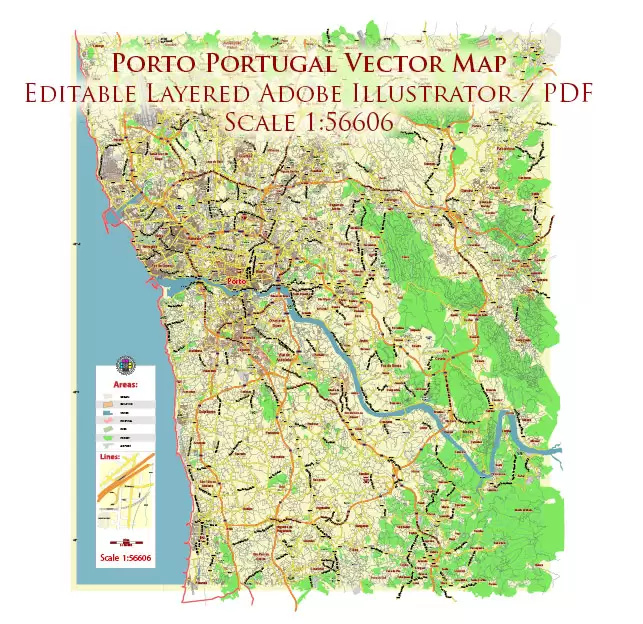Porto Portugal Map Vector City Plan Low Detailed (for small print size) Street Map editable Adobe Illustrator in layers