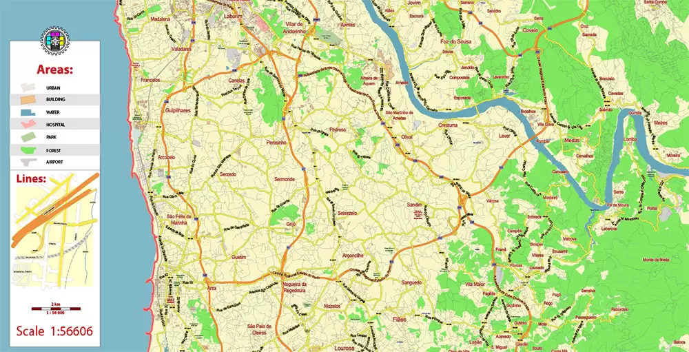Porto Portugal Map Vector City Plan Low Detailed (for small print size) Street Map editable Adobe Illustrator in layers