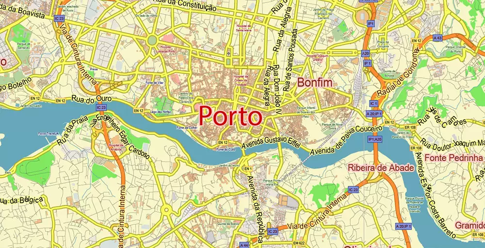 Porto Portugal Map Vector City Plan Low Detailed (for small print size) Street Map editable Adobe Illustrator in layers
