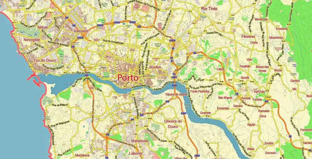 Porto Portugal Map Vector City Plan Low Detailed (for small print size) Street Map editable Adobe Illustrator in layers