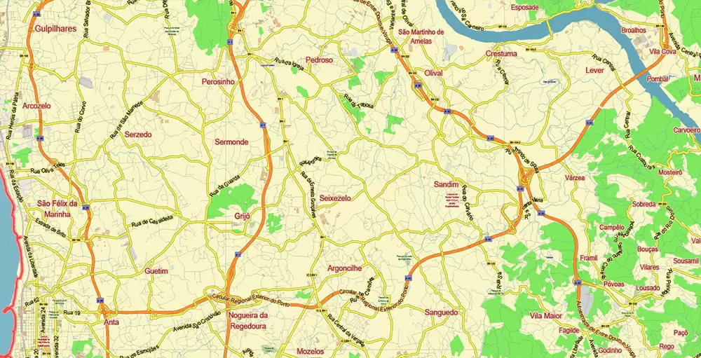Porto Portugal Map Vector City Plan Low Detailed (for small print size) Street Map editable Adobe Illustrator in layers