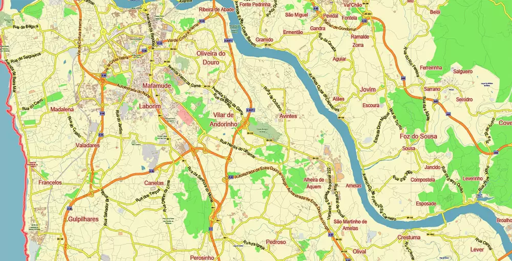 Porto Portugal Map Vector City Plan Low Detailed (for small print size) Street Map editable Adobe Illustrator in layers