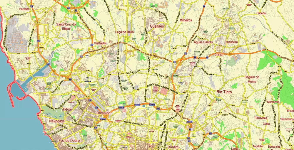 Porto Portugal Map Vector City Plan Low Detailed (for small print size) Street Map editable Adobe Illustrator in layers