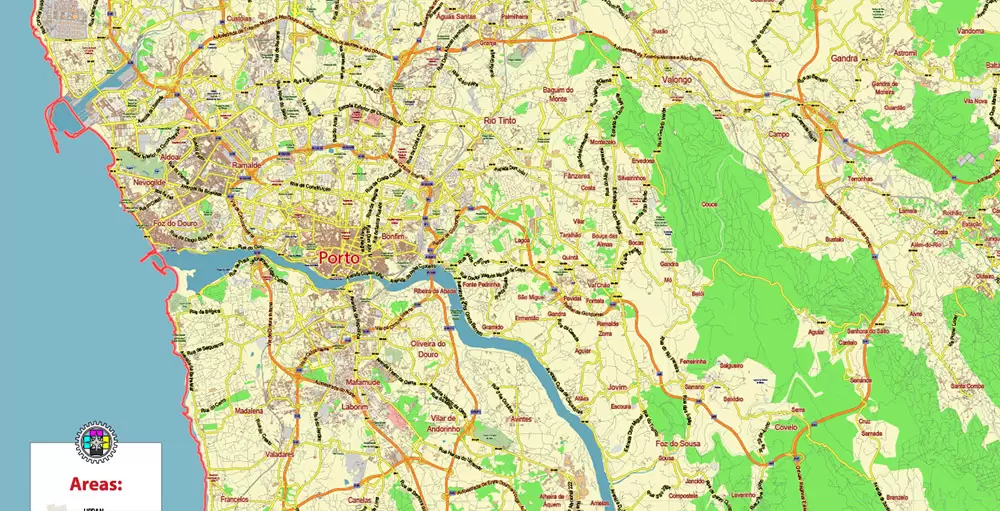 Porto Portugal Map Vector City Plan Low Detailed (for small print size) Street Map editable Adobe Illustrator in layers