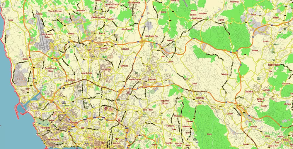 Porto Portugal Map Vector City Plan Low Detailed (for small print size) Street Map editable Adobe Illustrator in layers