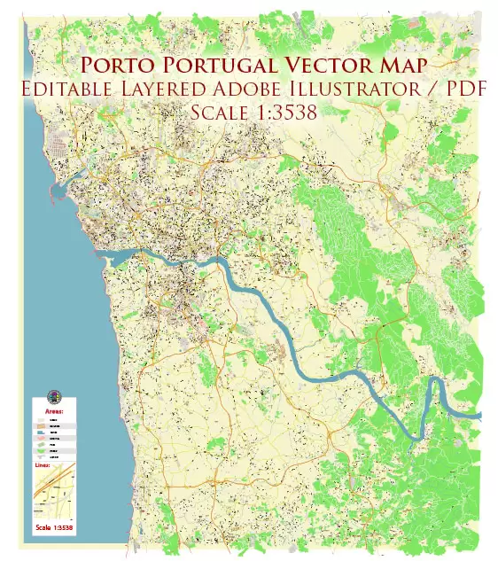 Porto Portugal Map Vector Exact High Detailed City Plan editable Adobe Illustrator Street Map in layers