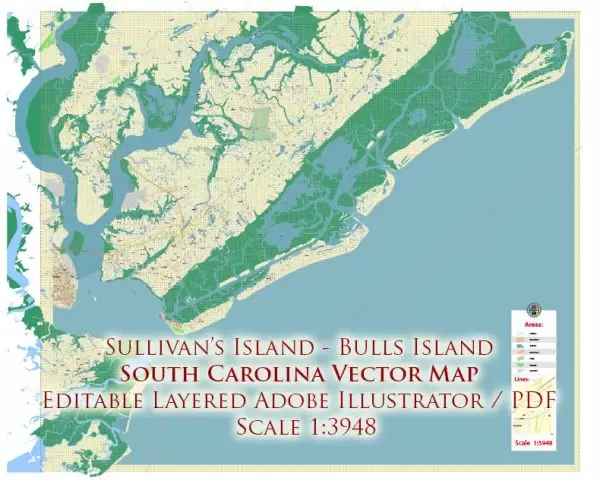 Sullivan's + Dewees + Palm + Bulls Islands South Carolina US Map Vector Exact High Detailed City Plan editable Adobe Illustrator Street Map in layers