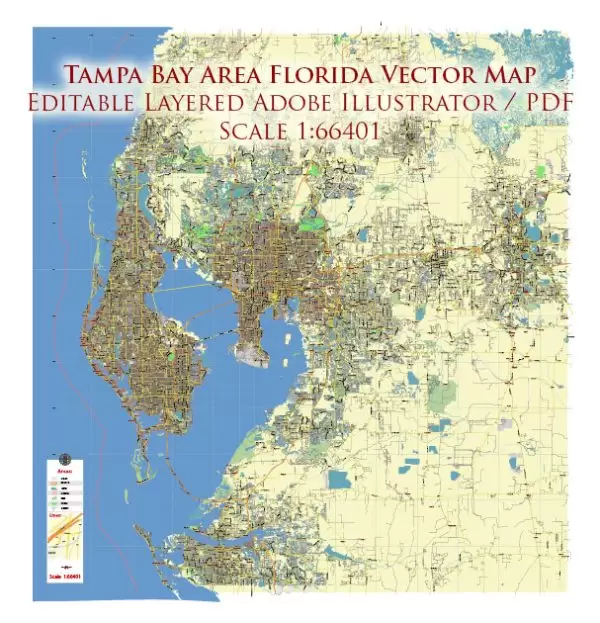 Tampa Bay Florida US Map Vector City Plan Low Detailed (for small print size) Street Map editable Adobe Illustrator in layer