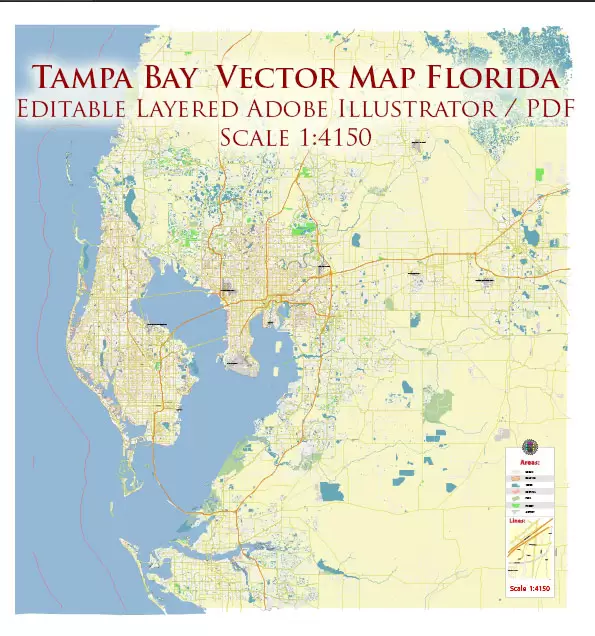 Tampa Bay Florida US Map Vector Exact High Detailed City Plan editable Adobe Illustrator Street Map in layers