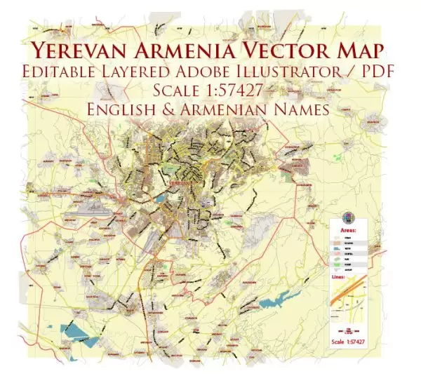 Yerevan Armenia Map Vector City Plan Low Detailed (for small print size) Street Map editable Adobe Illustrator in layers