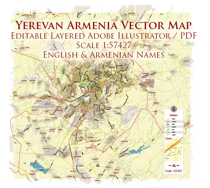 Yerevan Armenia Map Vector City Plan Low Detailed (for small print size) Street Map editable Adobe Illustrator in layers