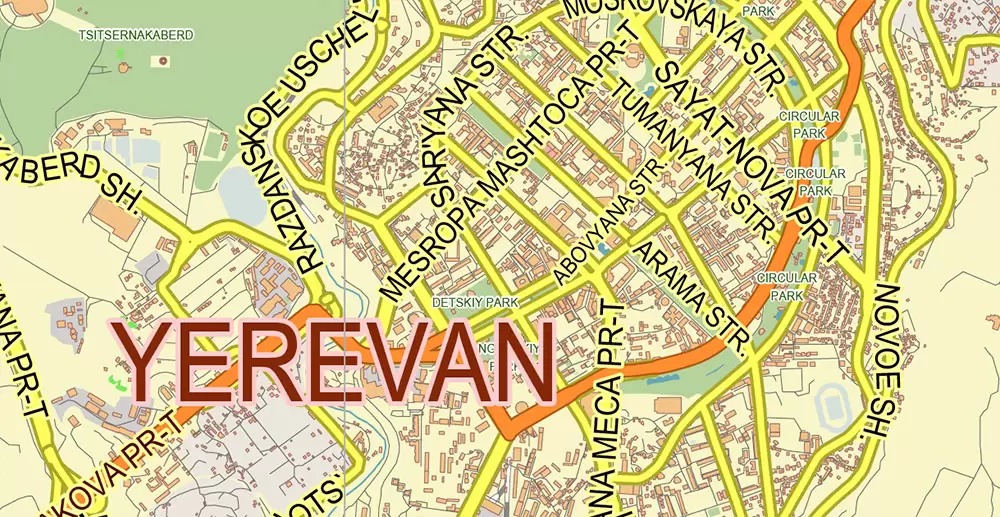 Yerevan Armenia Map Vector City Plan Low Detailed (for small print size) Street Map editable Adobe Illustrator in layers