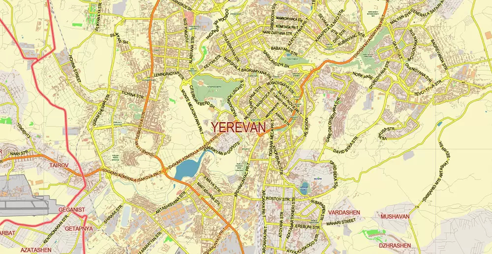 Yerevan Armenia Map Vector City Plan Low Detailed (for small print size) Street Map editable Adobe Illustrator in layers