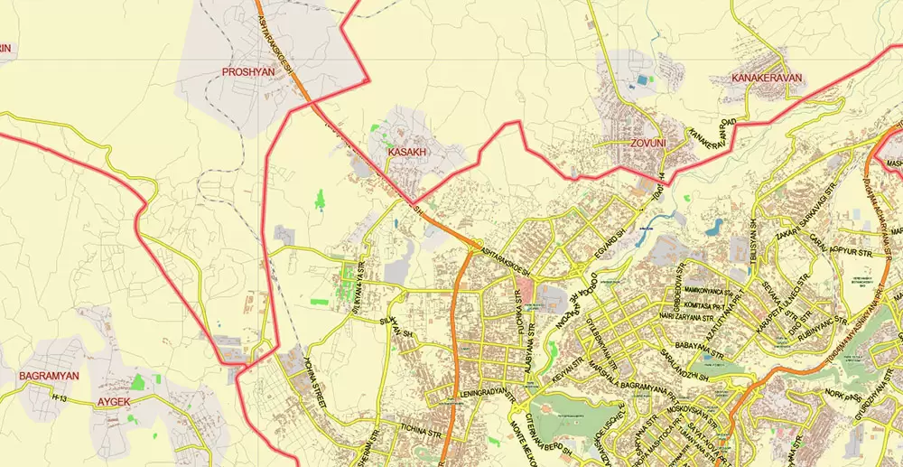 Yerevan Armenia Map Vector City Plan Low Detailed (for small print size) Street Map editable Adobe Illustrator in layers