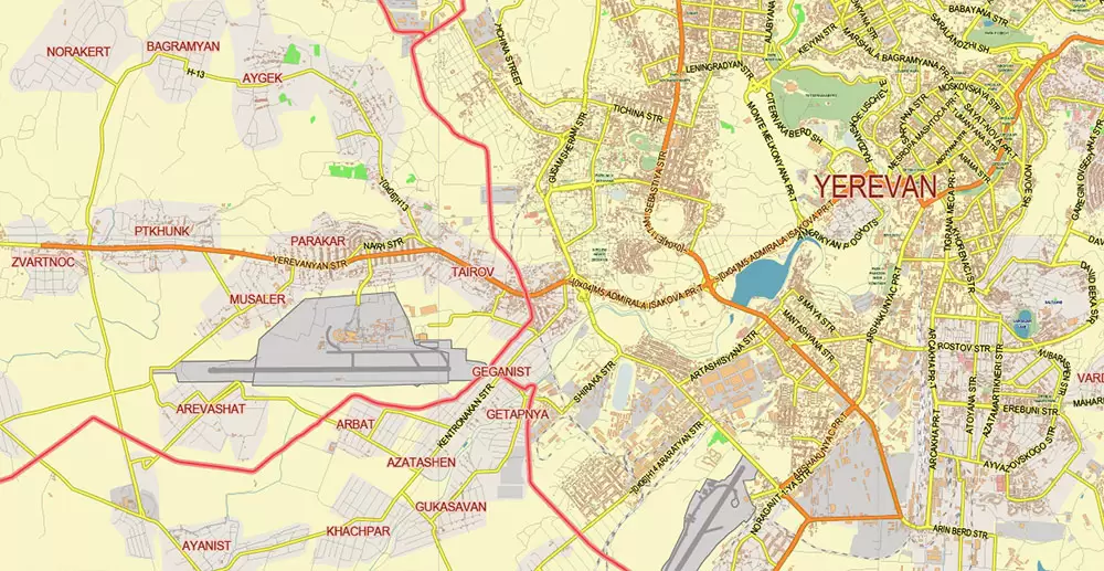 Yerevan Armenia Map Vector City Plan Low Detailed (for small print size) Street Map editable Adobe Illustrator in layers