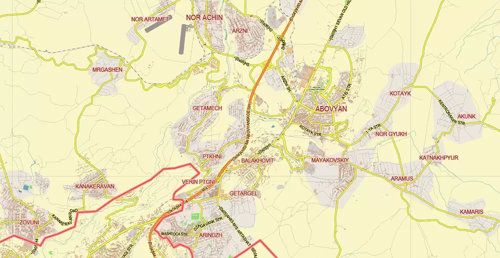 Yerevan Armenia Map Vector City Plan Low Detailed (for small print size) Street Map editable Adobe Illustrator in layers