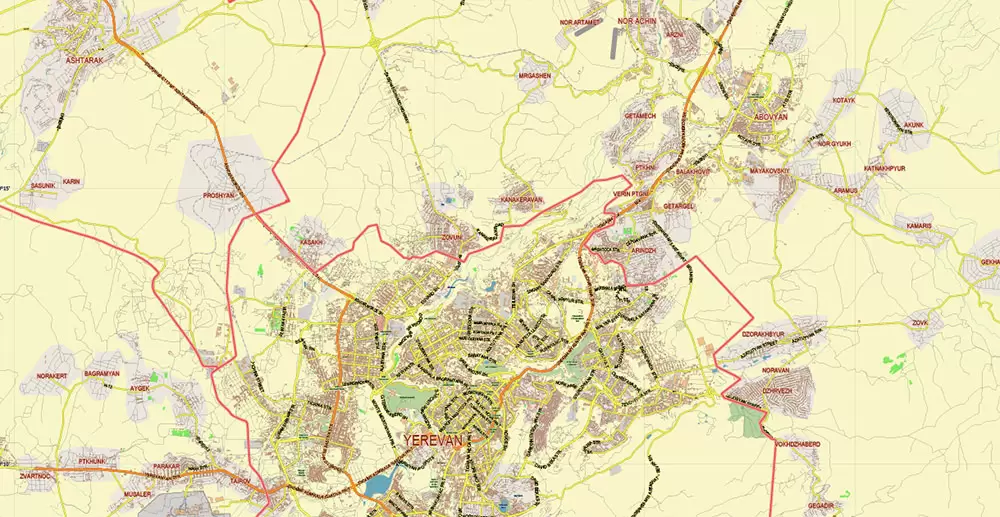 Yerevan Armenia Map Vector City Plan Low Detailed (for small print size) Street Map editable Adobe Illustrator in layers
