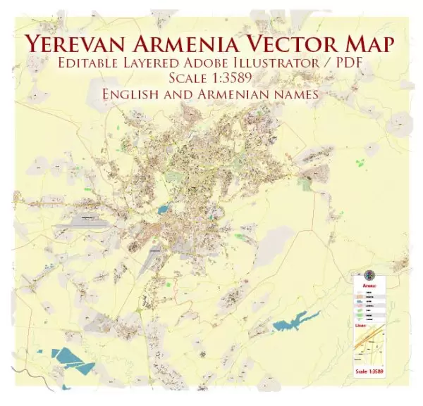 Yerevan Armenia Map Vector Exact High Detailed City Plan editable Adobe Illustrator Street Map in layers