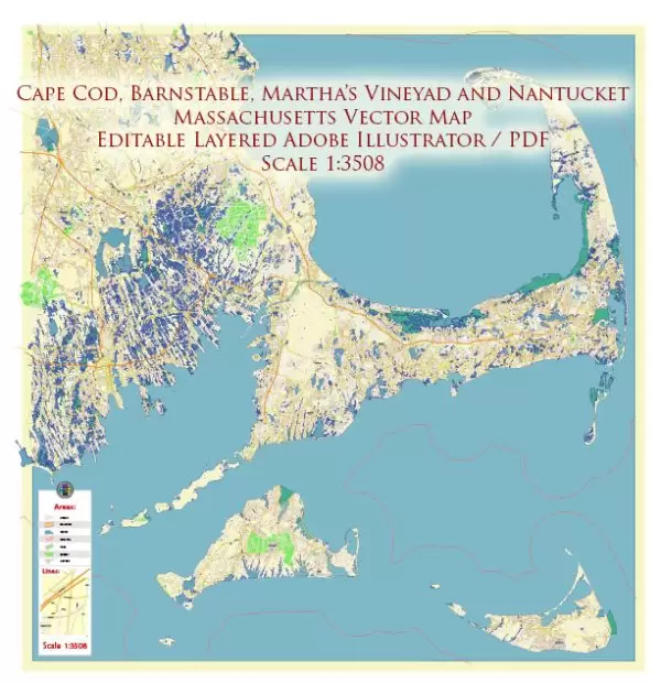 Marta's Vineyard + Cape Cod + Nantucket + Barnstable, Massachusetts US Map Vector Exact High Detailed City Plan editable Adobe Illustrator Street Map in layers