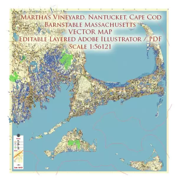Marta's Vineyard + Cape Cod + Nantucket + Barnstable, Massachusetts US Map Vector City Plan Low Detailed (for small print size) Street Map editable Adobe Illustrator in layers