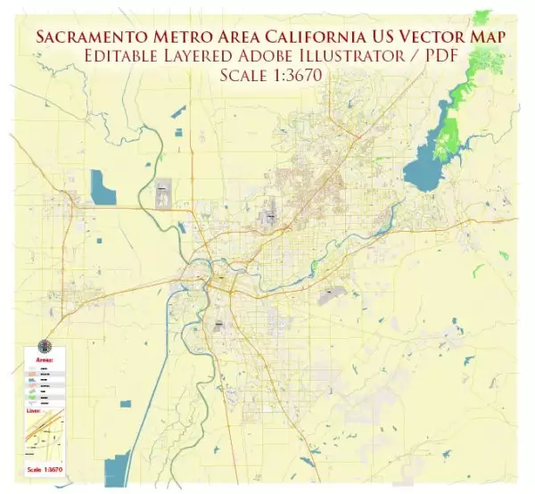Sacramento California US Map Vector Metro Area Exact High Detailed City Plan + Zipcodes editable Adobe Illustrator Street Map in layers