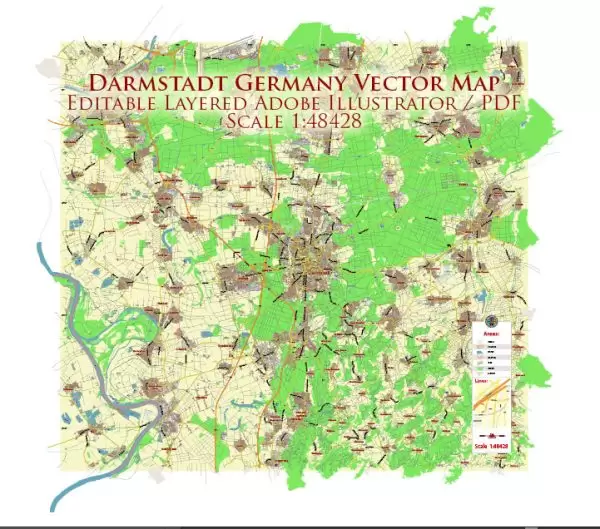 Darmstadt Germany Map Vector City Plan Low Detailed (for small print size) Street Map editable Adobe Illustrator in layers
