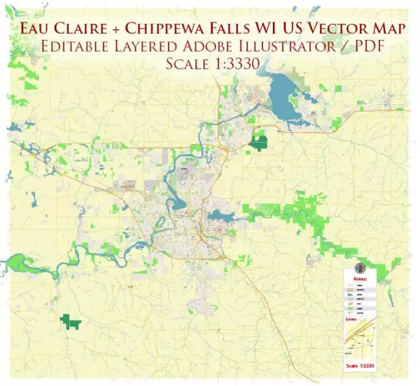 Eau Claire Chippewa Falls Wisconsin US Map Vector Exact High Detailed City Plan editable Adobe Illustrator Street Map in layers