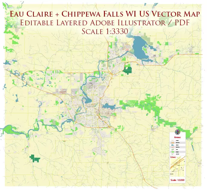 Eau Claire Chippewa Falls Wisconsin US PDF Vector Map: Exact High Detailed City Plan editable Adobe PDF Street Map in layers