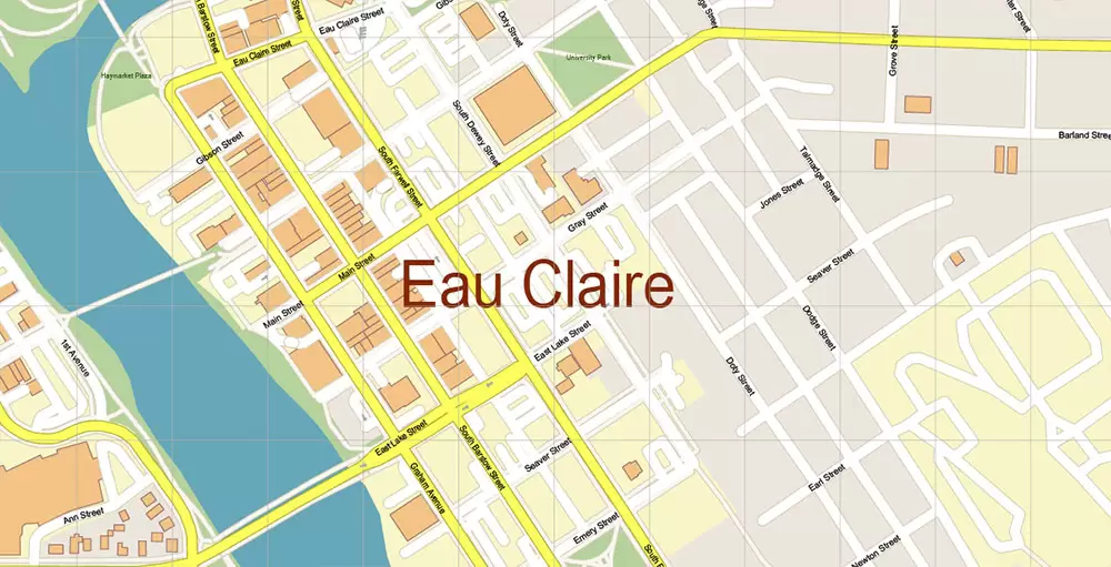 Eau Claire Chippewa Falls Wisconsin US PDF Vector Map: Exact High Detailed City Plan editable Adobe PDF Street Map in layers